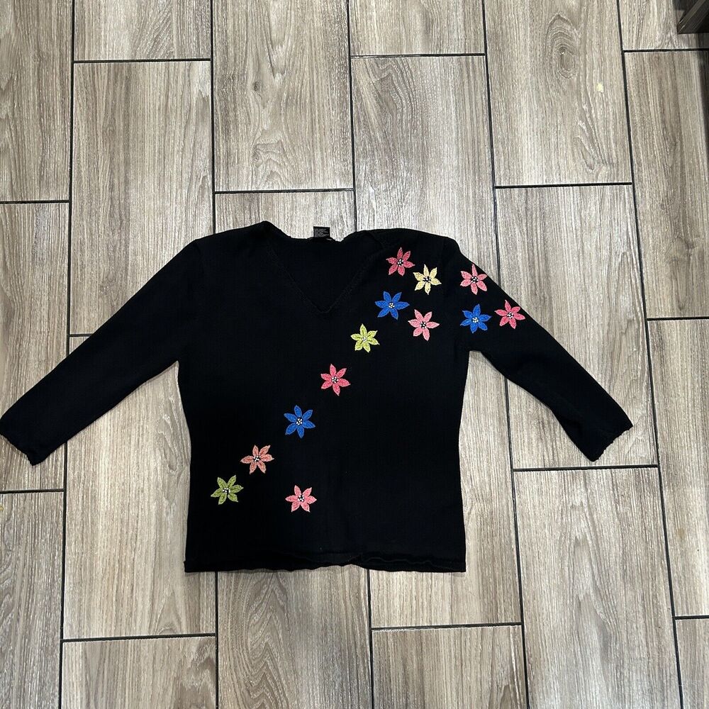 Karen Arnold Womens Top Size L Long Sleeve Black Embroidered Silk Blend Floral